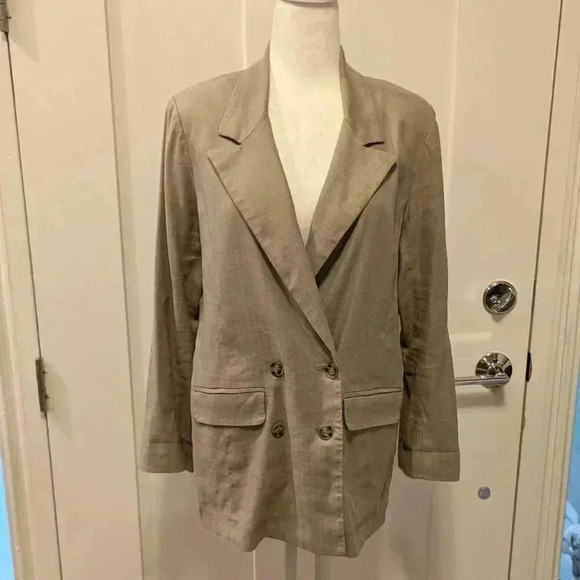 Evereve Tan Linen Double Breasted Jacket, Size M - Picture 1 of 6